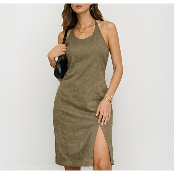 Gantos Dresses & Skirts - Vintage Gantos Linen Halter Midi Dress Olive Green Minimalist 90s 14 Resortwear